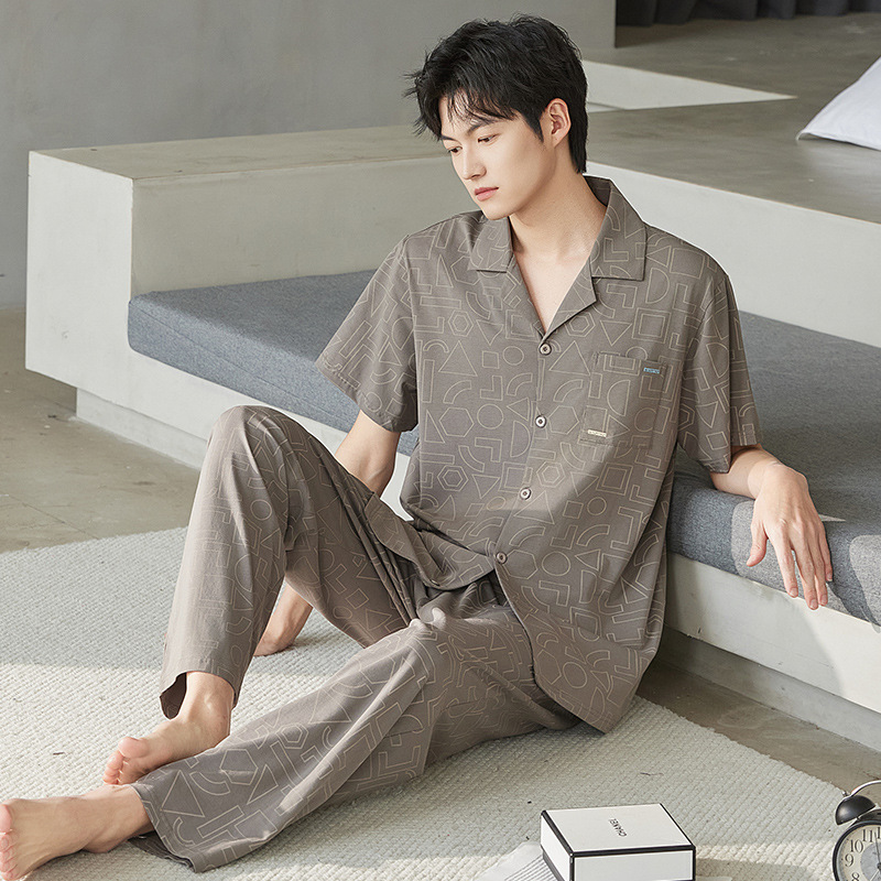 여름 옷깃 반팔 남성용 잠옷 코튼 아웃웨어 중년 카디건 쿨코튼 홈 의류 바지 세트 새로운 스타일