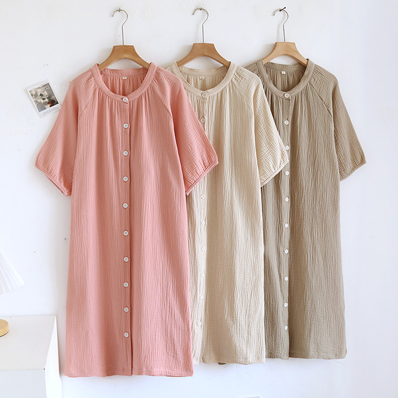 Cotton Gauze Long Nightgown Women's Round Neck Cardigan Pure Cotton Double-Layer Gauze Home Dress Large Size Short-Sleeved Pure Color Pajamas