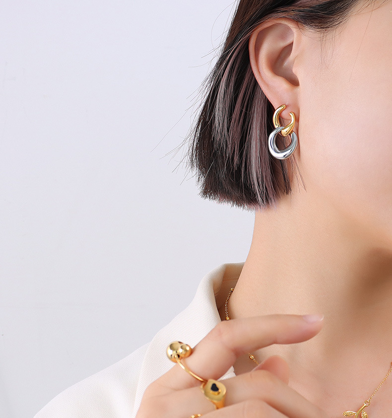 French style ins jewelry C-shaped double ring detachable geometric earrings titanium steel 18k earri