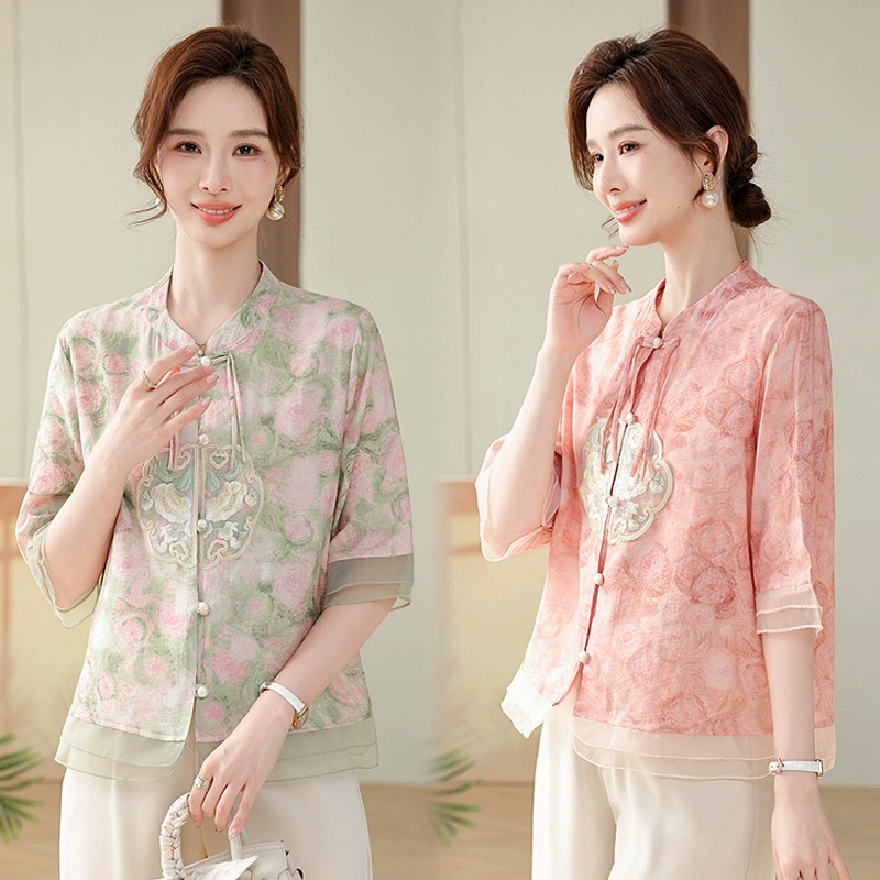 Летняя рубашка для мамы, уменьшающая возраст, благородная женская футболка с короткими рукавами, модные летние топы для женщин среднего и пожилого возраста.