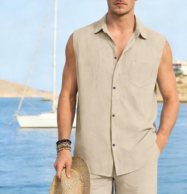 Chaleco de lino sin mangas para hombre estilo casual verano_voghion.com
