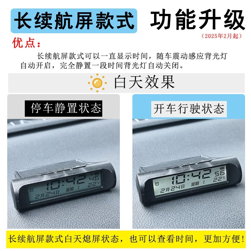 Suitable for cars, electric vehicles, solar-powered luminous car clocks, thermometers, week and date displays, and universal use in trucks and buses