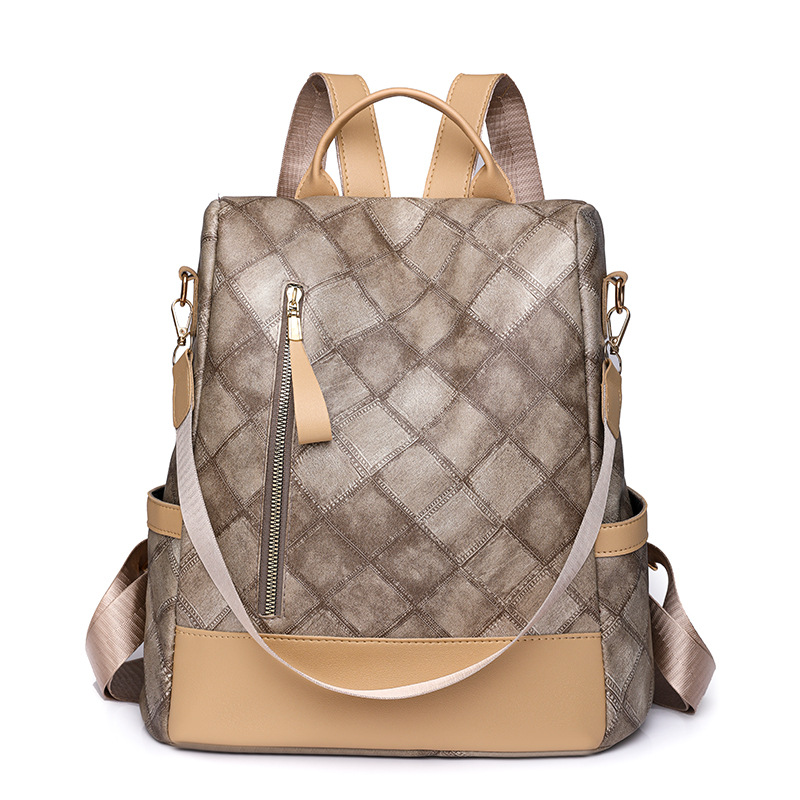 Venta al por mayor transfronteriza 2023 nueva mochila antirrobo casual para mujer moda a cuadros de cuero suave mochila de viaje de doble uso marea
