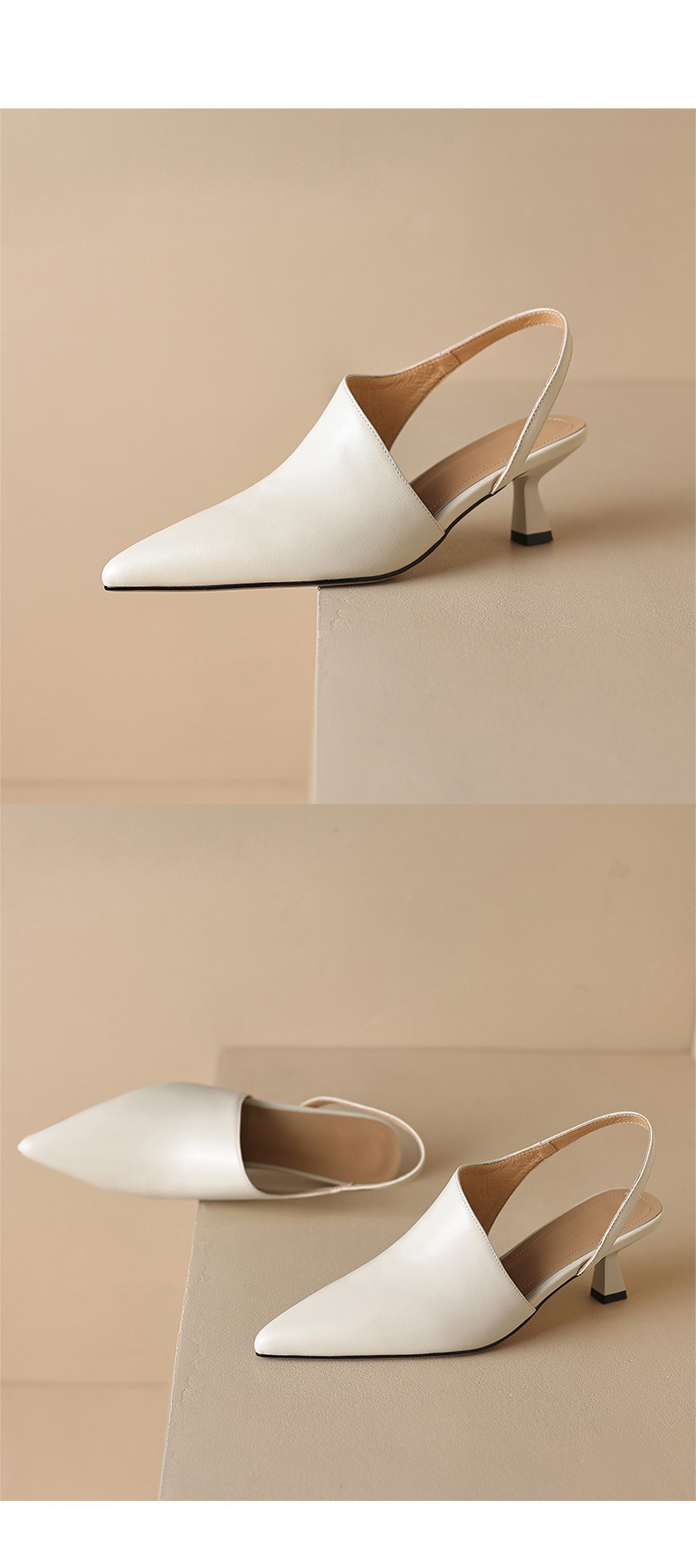 Giày sandal cao gót nữ mũi nhọn kiểu Pháp, da bò thật, gót mèo, hở mũi hở lưng — đen chi tiết 13