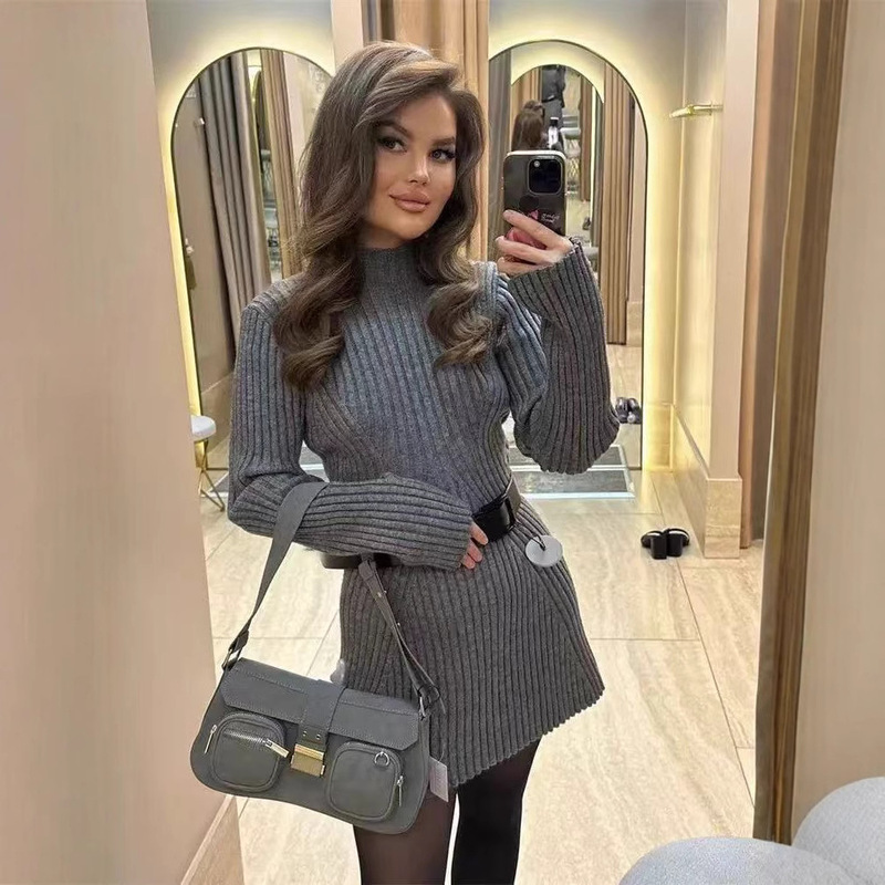 Cross-Border Hip-Hugging Tight Knitted Dress for Women New Half Turtleneck Bottoming Solid Color Temperament Short Autumn and Winter Sweater Dress