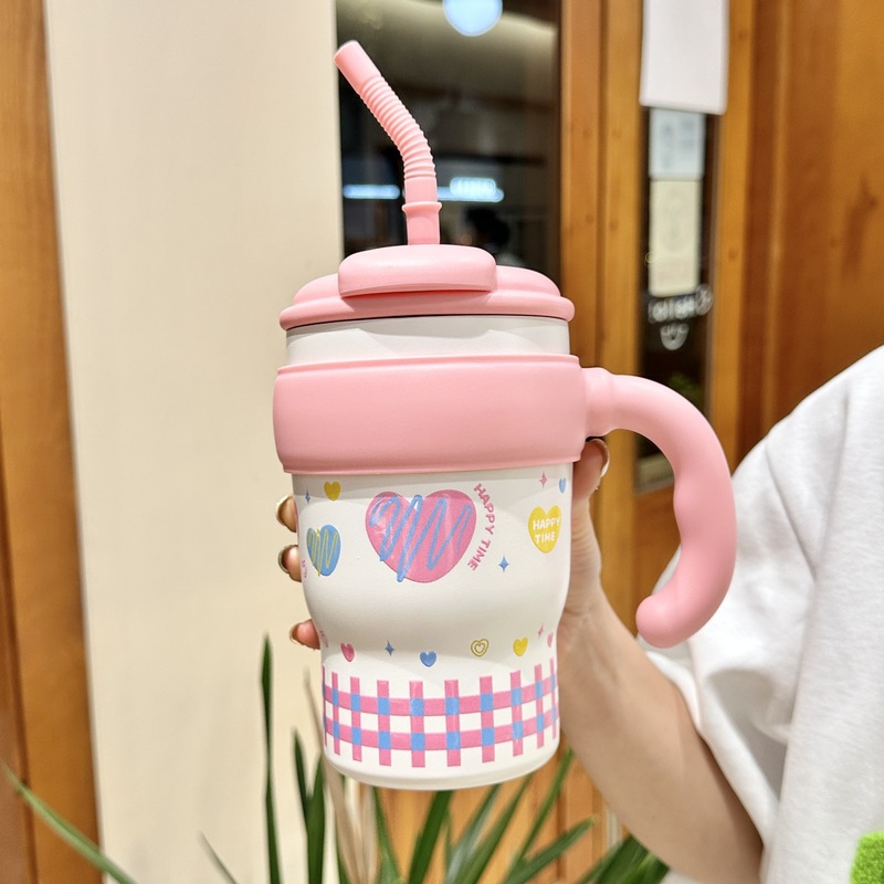 女の子向けの大容量オフィスハンドルアイスカップ、高見えするダブルストローカップ、屋外用保冷車用ウォーターカップ|undefined