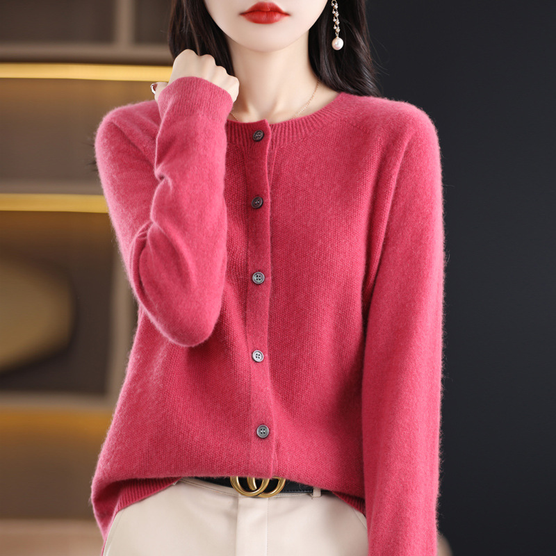 Cárdigan de Punto de Lana para Mujer Lana Cuello Redondo, Manga Larga para Otoño e Invierno