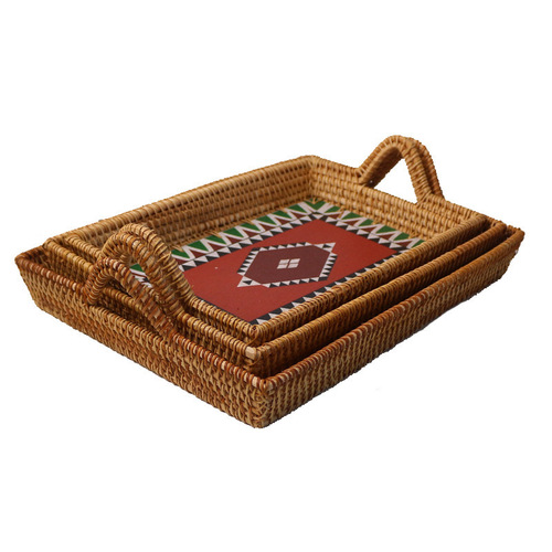 Vietnamese Ethnic Wood Printed Fruit Plate Living Room Desk Tray Bread Storage Tray Dry Fruit Snack Plate