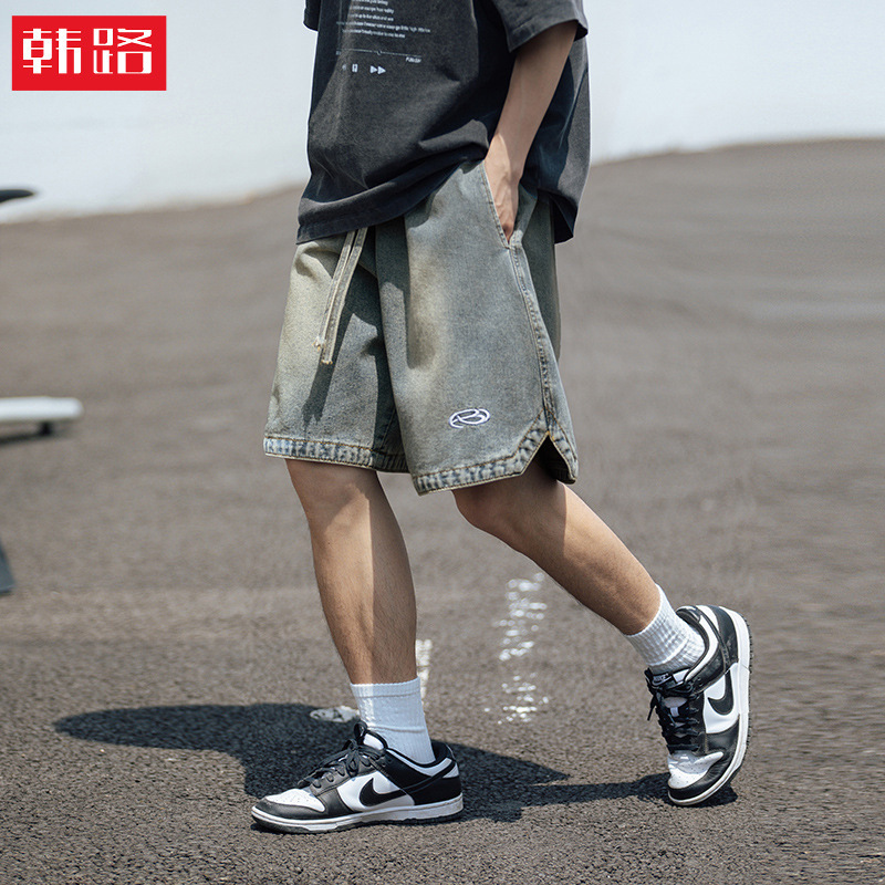 Korean Lu Men's Hem Slit Distressed Washed Denim Shorts Men's Summer New Trendy Brand Embroidered Design Five-Fifth Pants