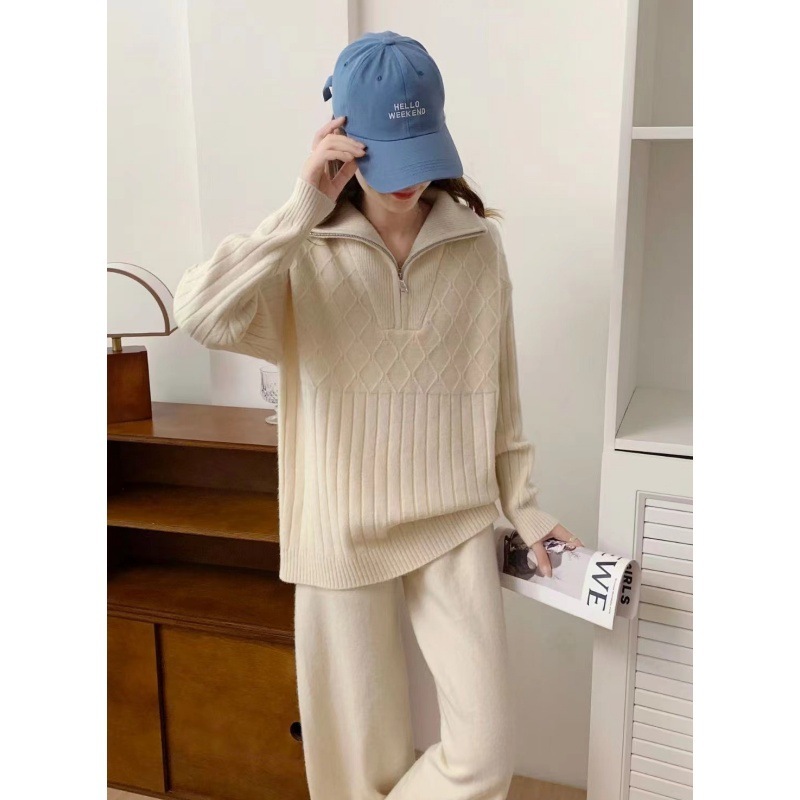 ファッション高級感セーターセット女性秋冬怠惰風ジッパー立襟ニット高腰ワイドパンツ2点セット|undefined
