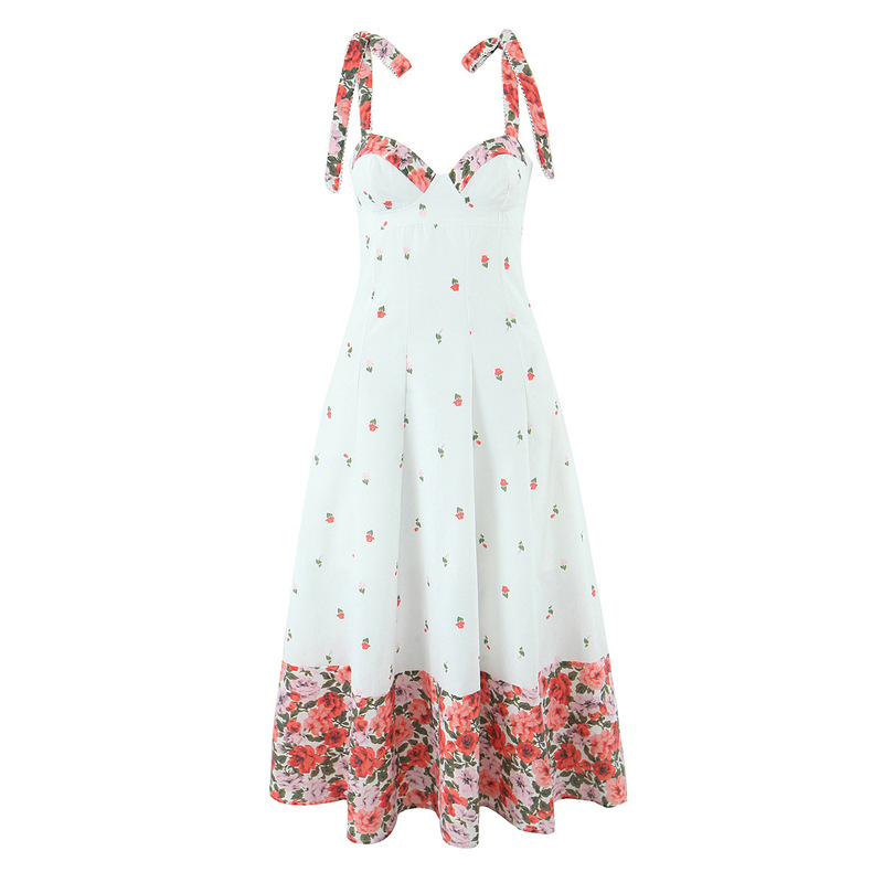 2025 New Sweet Printed Chic Sleeveless Mid-Length Dress French Square Neck Vacation Style Suspender Dress