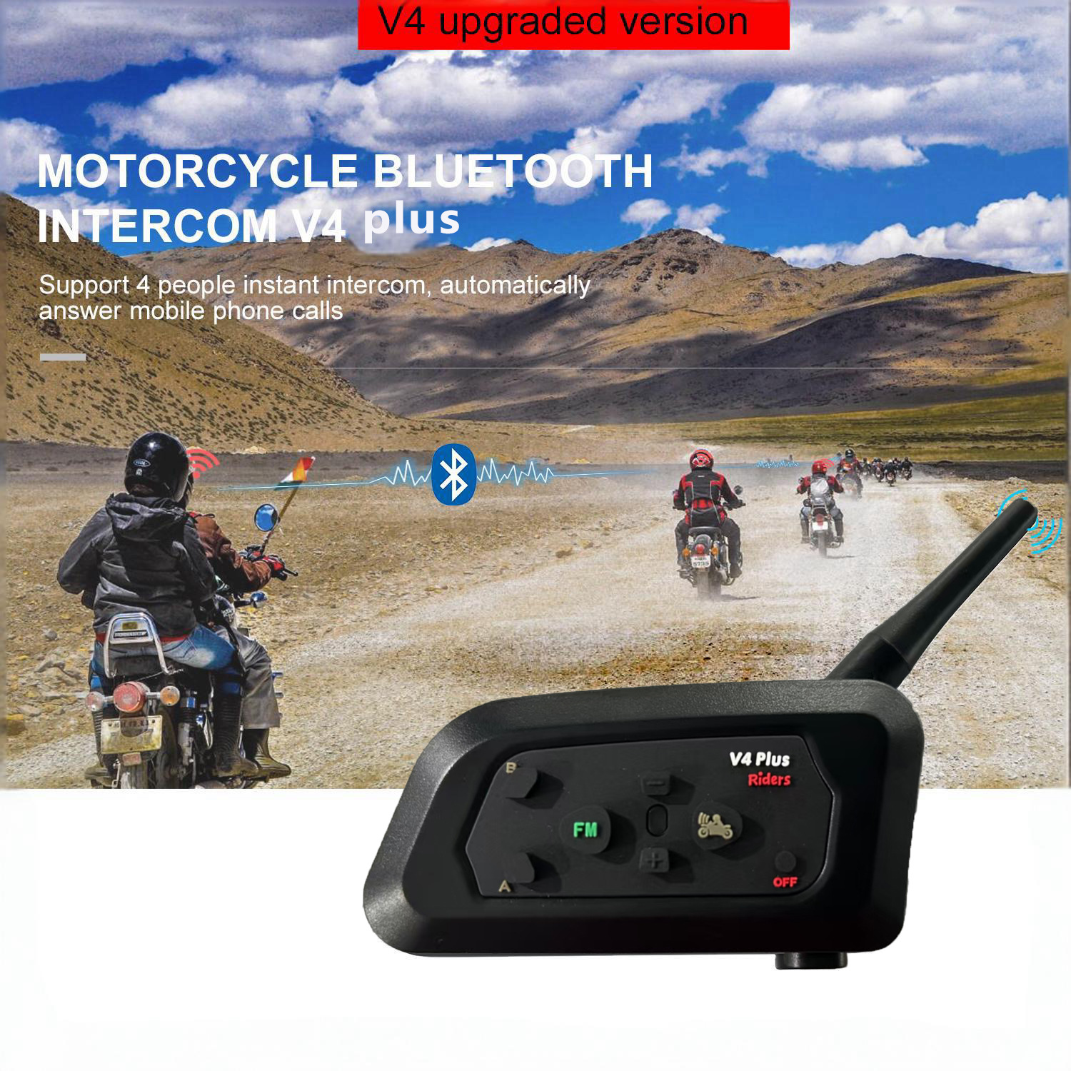 V4Plus Helmet Bluetooth Headset Motorcycle Helmet Intercom Headset Helmet Headset for 4 People to Communicate Simultaneously Across Borders