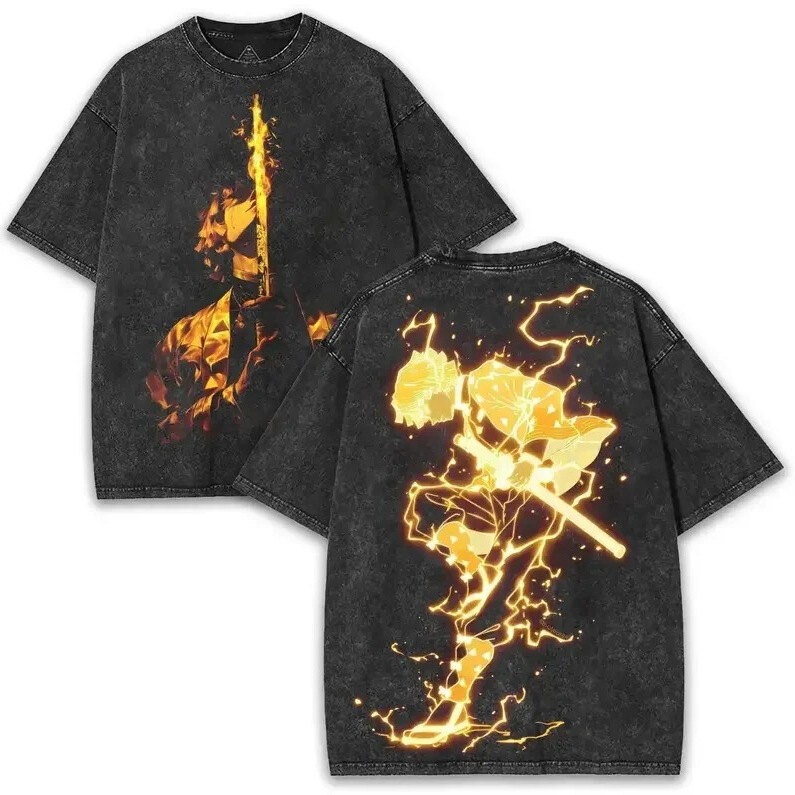 Zenitsu Demon Slayer Graphic T-Shirt Comic Retro Washed Oversized T-Shirt Men's and Women's Clothing Cotton Soft Short Sleeve Zenitsu Demon Slayer Graphic T-Shirt Comic Retro Washed Oversized T-Shirt Men's and Women's Clothing Cotton Soft Short Sleeve