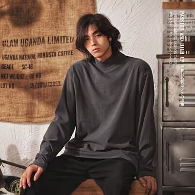 순수 컬러 벨벳 하프 터틀넥 내부 두꺼운 바닥 셔츠 긴팔 티셔츠 남성용 가을과 겨울 심플한 탑 아우터 웨어 남성용
