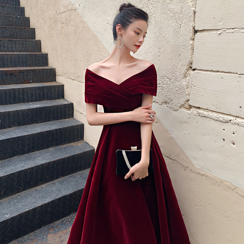 One-Shoulder Toast Dress Small Bride Wine Red Daily Wear Wedding Engagement Long Banquet Evening Dress for Women
