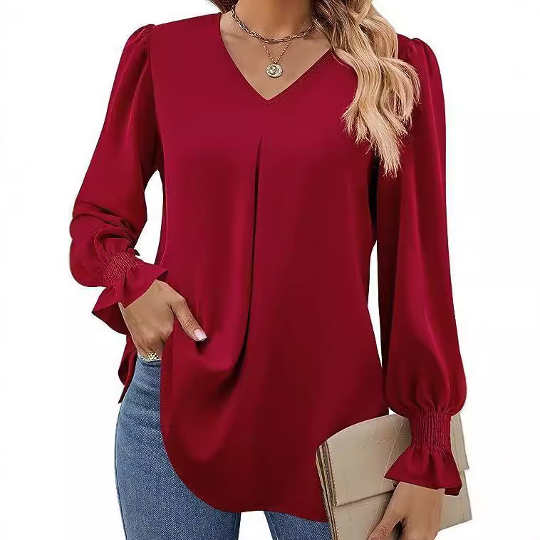 Las mujeres europeas y americanas transfronterizas de Amazon Otoño e Invierno nueva camisa de gasa sólida con cuello en V suéter camisa de manga larga de cuerno