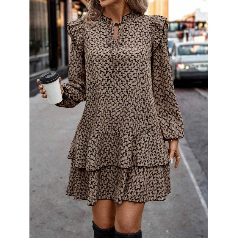 Real Shot of In-Stock Foreign Trade Cross-Border 1688 Full-Body Printed Tie-Neck Multi-Layer Hem European and American Dress