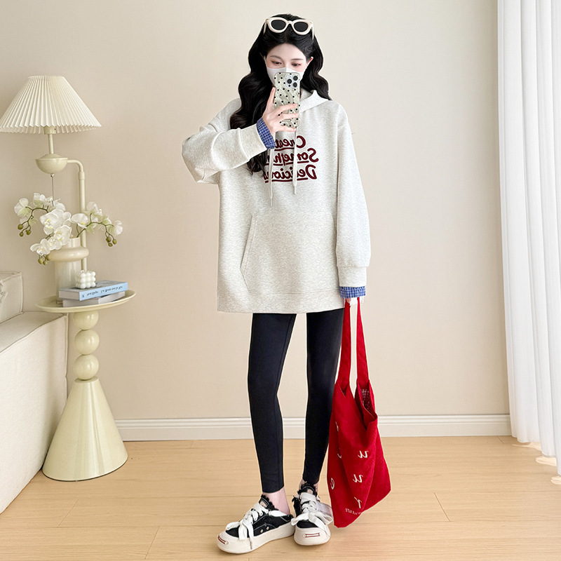 实拍现货 秋冬复古印花连帽卫衣女秋季休闲宽松落肩孕妇上衣|undefined