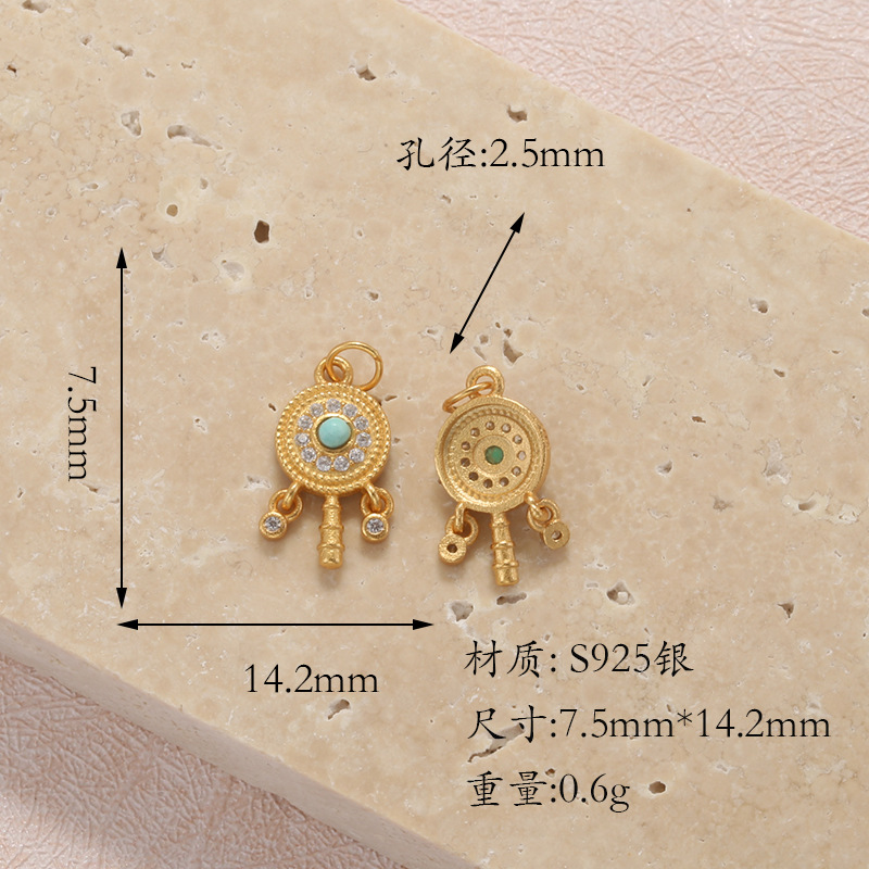 Raw Turquoise S925 Silver Gold-Plated Heart-Shaped Four-Leaf Clover Round Butterfly Pendant Spacer Bead DIY T6