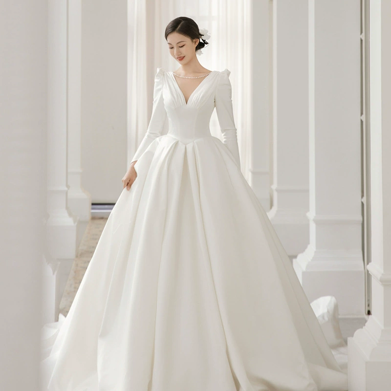 Wedding dress, white spring long-sleeve, french style, lace dress