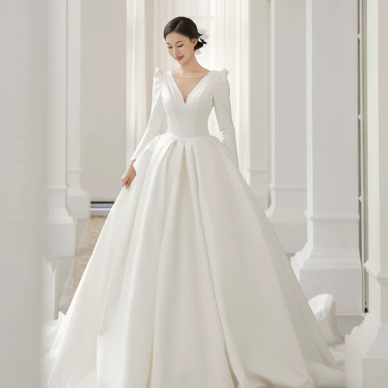 Wedding dress, white spring long-sleeve, french style, lace dress