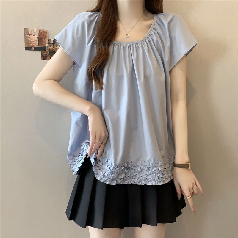 Plus-Size Stylish Ruffled Lace Short-Sleeve T-Shirt for Women, New Summer Style, Loose Fit, Slimming, Covering the Body, Patchwork Top for Women Plus-Size Stylish Ruffled Lace Short-Sleeve T-Shirt for Women, New Summer Style, Loose Fit, Slimming, Covering the Body, Patchwork Top for Women