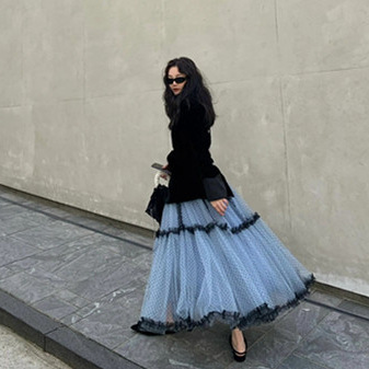 Carefully Selected Blue Lace Spliced Polka Dot Double-Layered Long Skirt for Women 2025 Summer Lazy Style