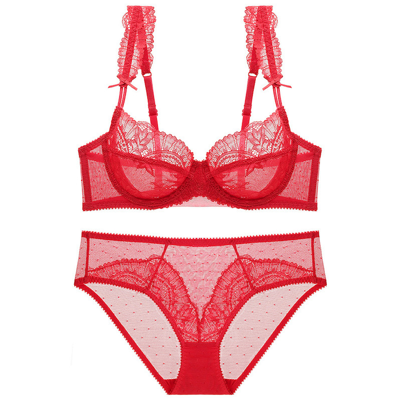 Traje de ropa interior sexy de encaje más tamaño sujetador transparente fino pecho grande lado pequeño cerrado traje de sujetador de mujer antideslizante