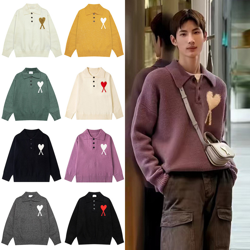 Cross-Border Ami Ancient Christmas Capsule Series Heart Jacquard Men's and Women's Lapel Long-Sleeved Knitwears