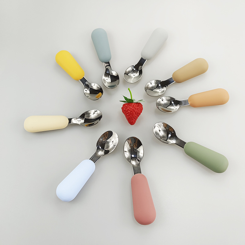 Cuchara de tenedor para niños traje de bebé tenedor cuchara mango corto 316 cuchara de tenedor de silicona de acero inoxidable cuchara de tenedor de suplemento alimenticio para bebés