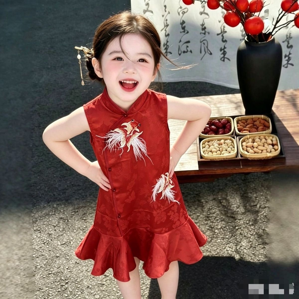 Red Stylish and Beautiful Girls' Qipao Dress, Summer 2026 New Model, Children's New Chinese-Style Dress for Older Girls and Little Girls