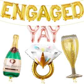 金色字母engaged YAY 钻戒酒瓶酒杯组合气球套餐婚庆结婚派对装饰