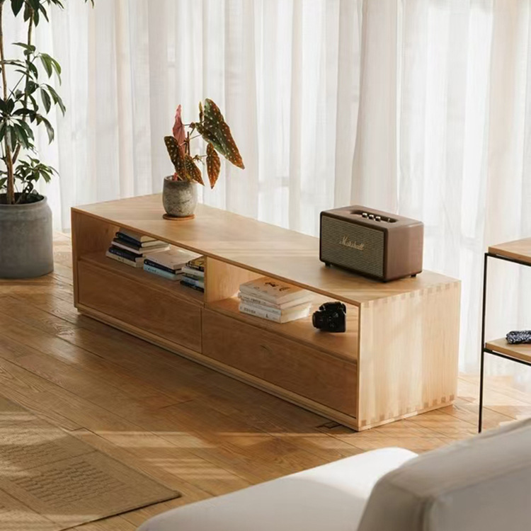 Japanese Simple Red Oak Cherry Wood Solid Wood Tv Cabinet Log Style 2m Small Living Room