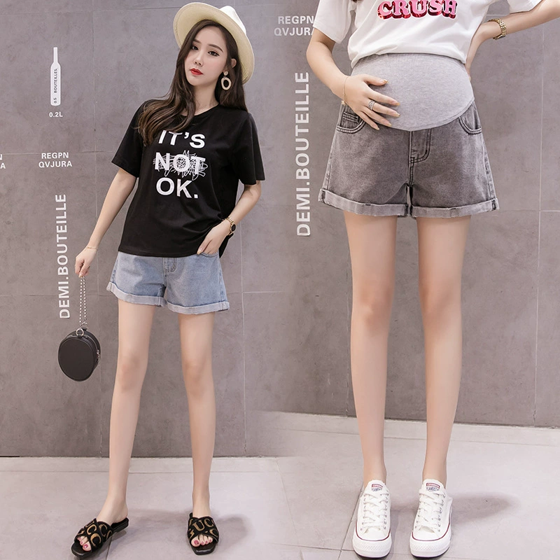 Джинсовые шорты для беременных, летние приливные брюки для мам с широкими штанинами, повседневная верхняя одежда, летние брюки из трех частей, поддерживающие живот, летние брюки для беременных