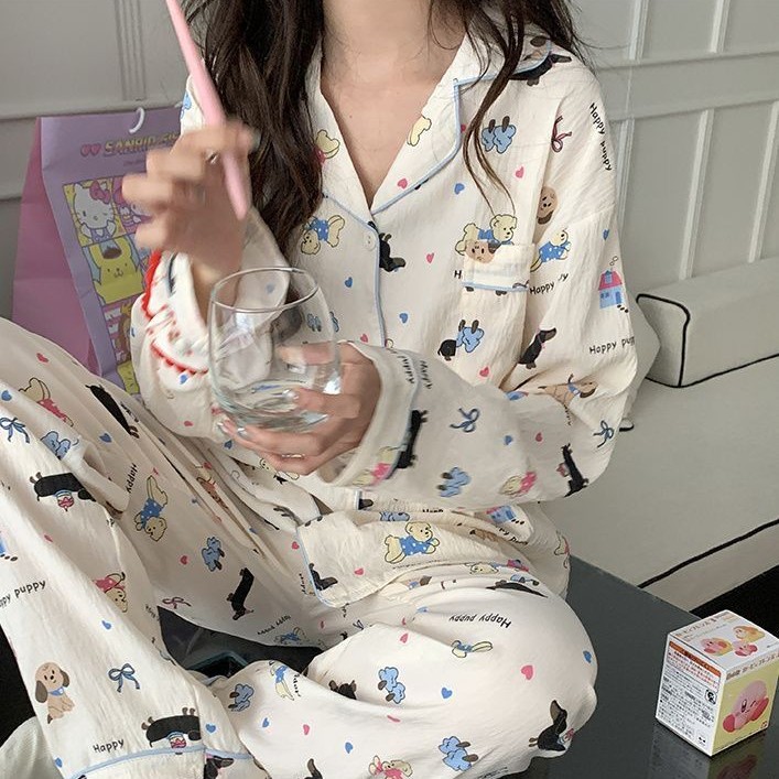 Dolce niña encantadora caricatura perro impresión pijama mujer primavera y otoño nuevo suelto pantalones largos de mangas largas set de ropa para el hogar