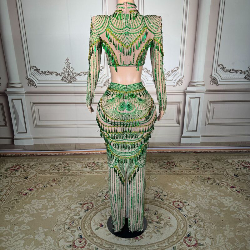Gorgeous and Elegant Sparkling Emerald Green Rhinestone Slim-Fit Dress for Models on the Red Carpet, Singer's Award Ceremony, and Evening Gown