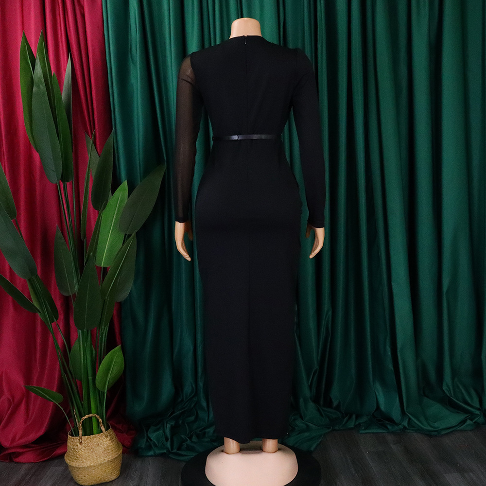 Damen Abendkleid Mit Langarm Und Mesh-einsatz Elegantes Festkleid_voghion.com
