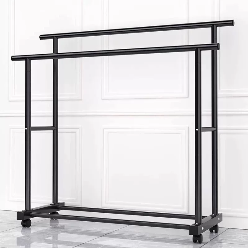 Folding 2-Tier Clothes Drying Rack with Bottom Shelf for Home or Dorm, Double Rail, Wheels, Black/White