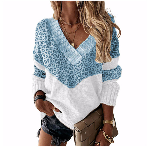 Cross-border sweater  new arrival: color-block striped knitted top for autumn and winter, with leopard print—new European and American style v-neck pullover.
