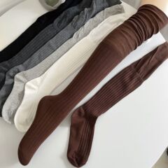 美拉德咖啡棕色过膝袜女春秋薄款棉竖条纹拼接高筒袜烟灰色长筒袜