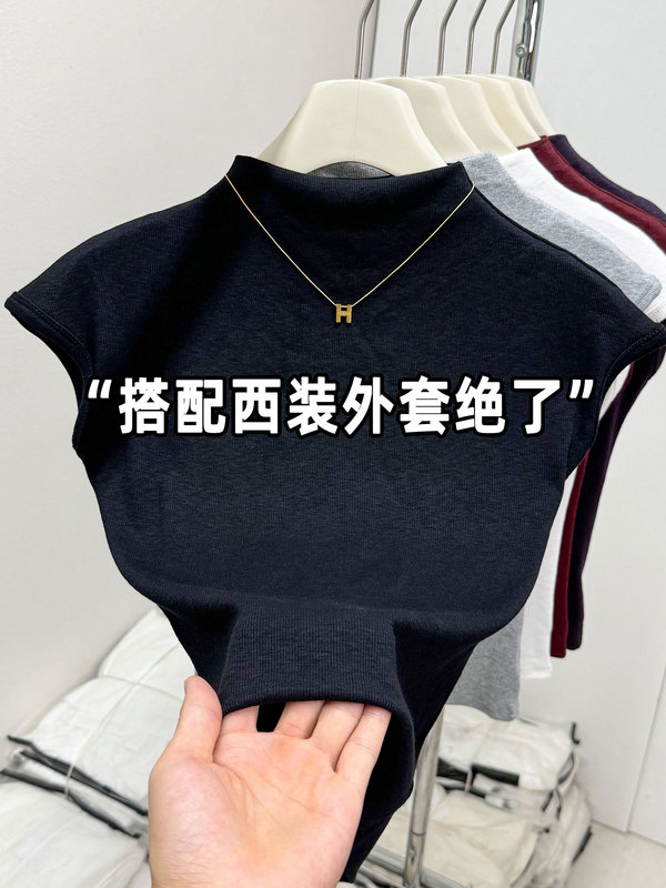 欧货半高领小飞袖T恤秋上衣女新款修身显瘦时尚短款内搭打底|undefined