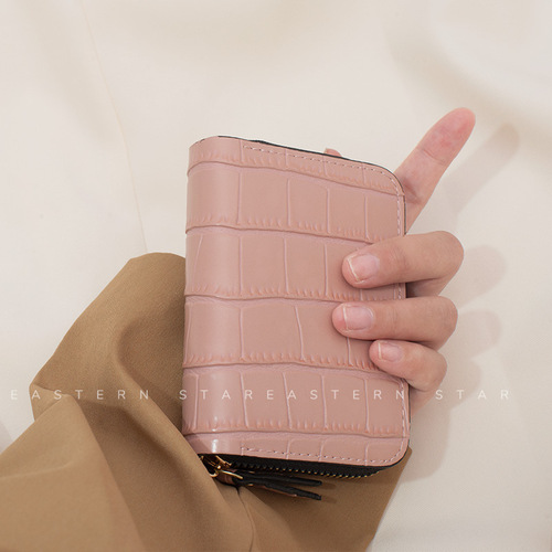 Women's short card holder Korean version solid color crocodile pattern multi-card slot coin holder credit card business card holder multi-function