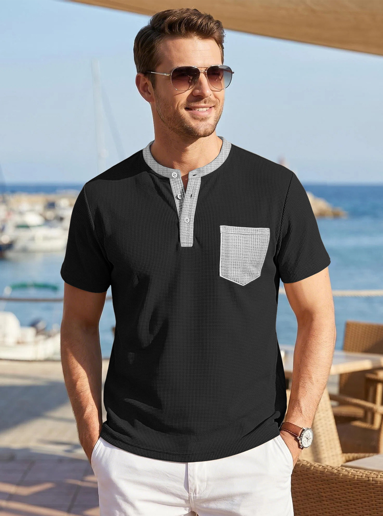 Cross-border Hyun hombre Waffle Henry cuello camiseta bolsillo de contraste Casual blusa larga de comercio exterior mangas cortas