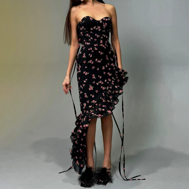 Amazon Горячая женская одежда 2024 Летняя мода с печатным сексуальным сетчатым кружевным платьем оптом