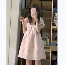 粉色蝴蝶结连衣裙女夏季2022新款甜美收腰显瘦气质泡泡袖公主裙子