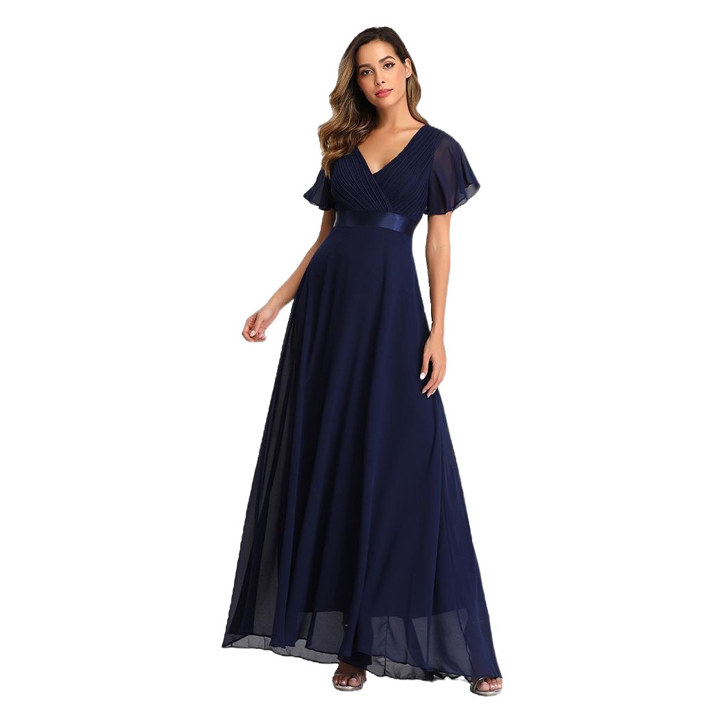 Vestido de Noche de Gasa Elástica con Pliegues, Doble Cuello en V, Manga Acampanada y Dobladillo Grande, Hecho a Mano, Tallas Grandes, para Banquete o Dama de Honor, Colección Primavera/Verano 26