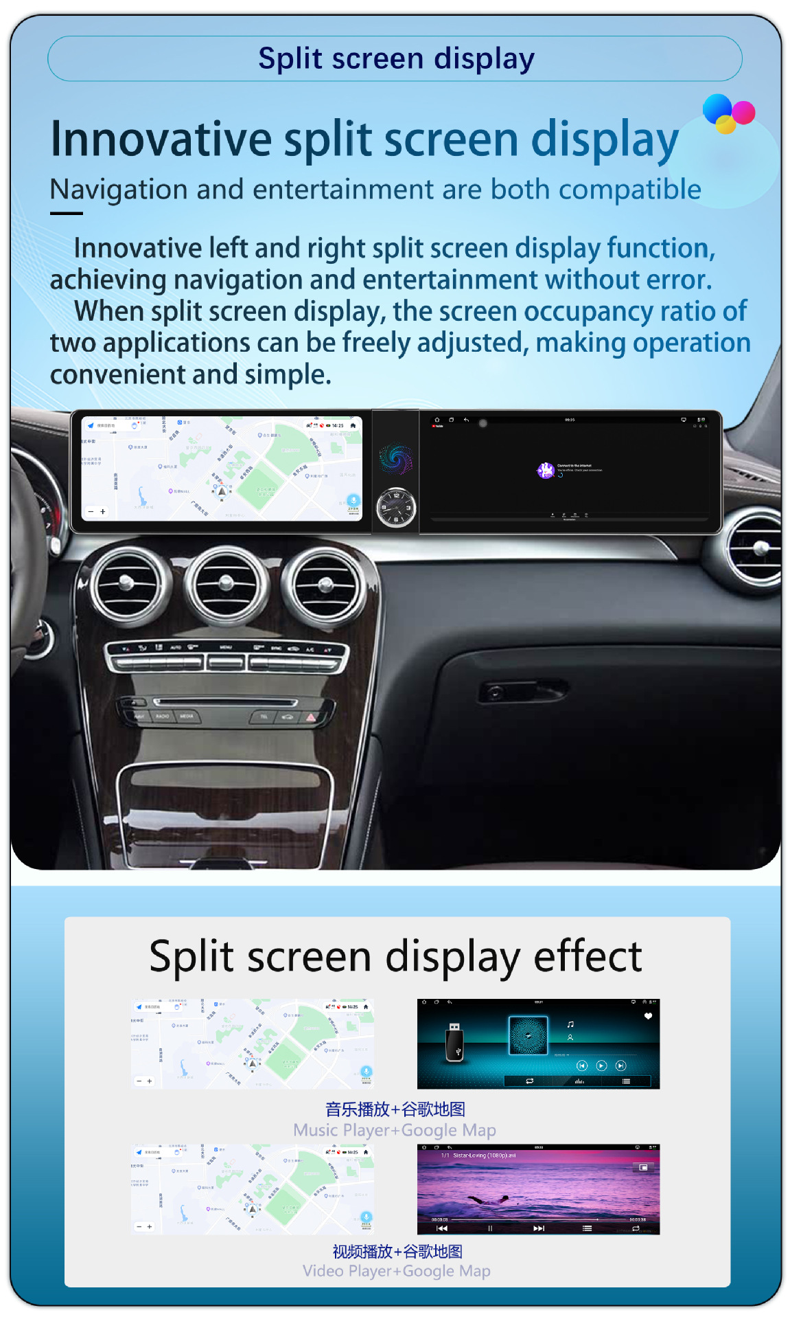 Suitable for 26inch Mercedes-Benz Glc/C/W205 Android Dual-Screen Lcd Instrument Panel Android Central Control Large-Screen Navigator