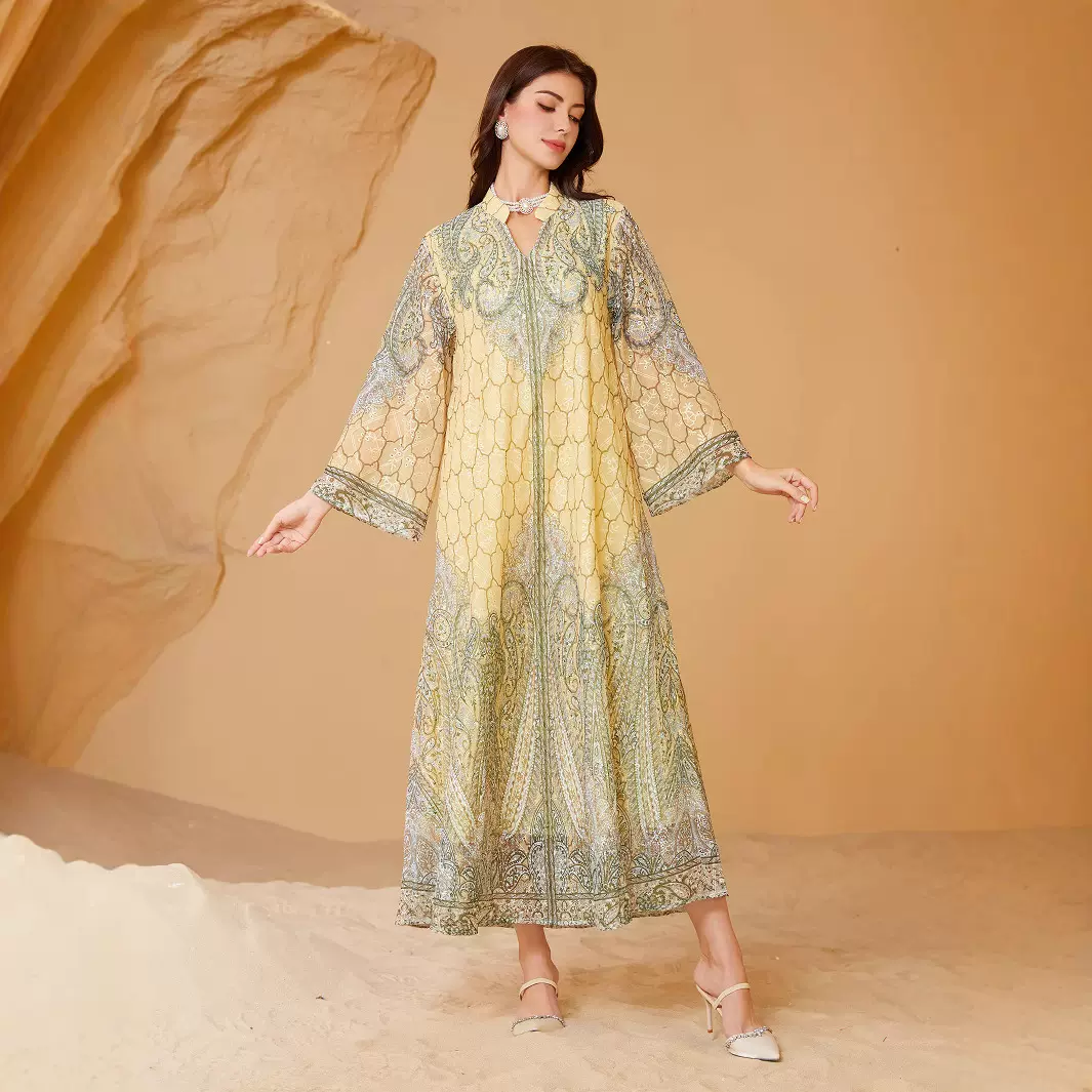 241101 中东跨境穆斯林女装长袍绣花布印花烫钻女长裙连衣裙Abaya