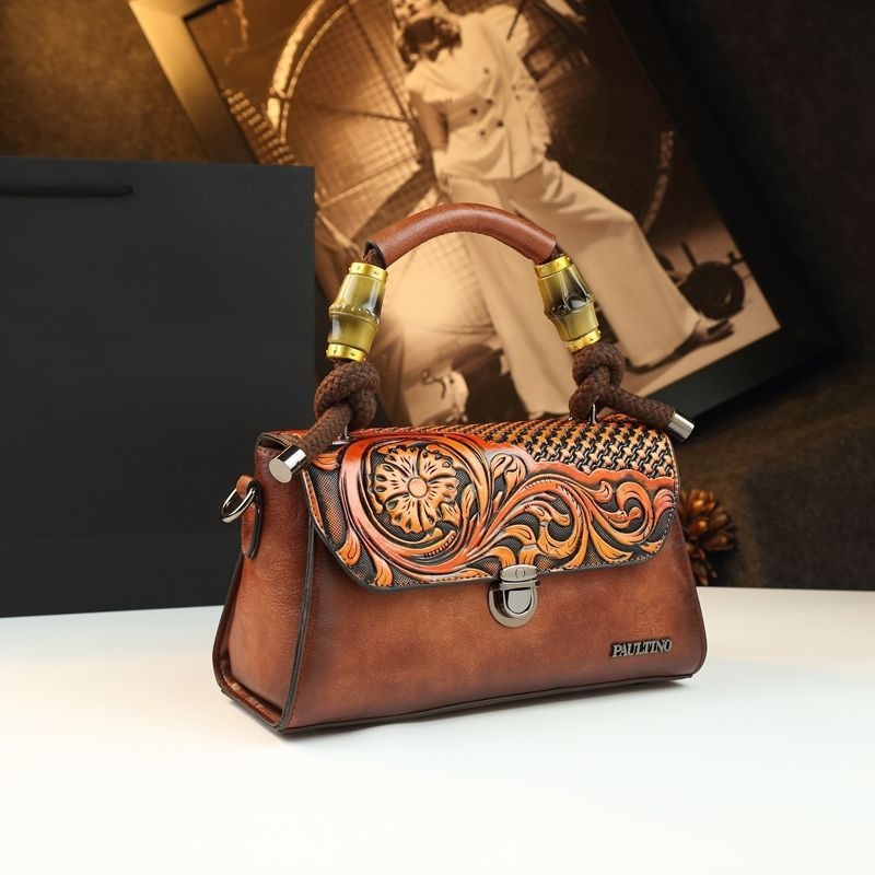 Túi đeo chéo nữ da thật họa tiết hoa nổi phong cách vintage — màu nâu, Màu xanh đậm, màu đỏ, màu xám