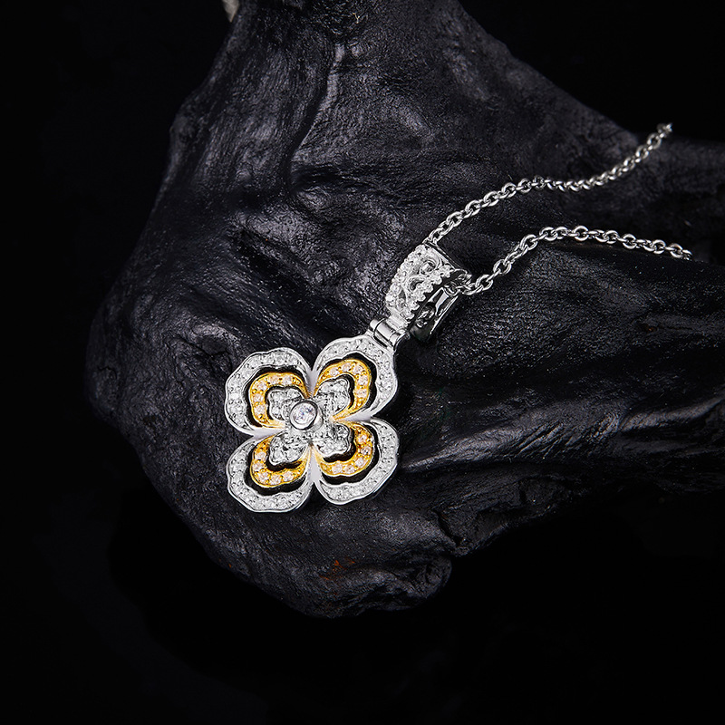 S Silver Inlaid Moissanite Four-Leaf Clover Color-Gradient Women's Pendant Necklace Full Diamond Flower Jewelry Autumn_voghion.com